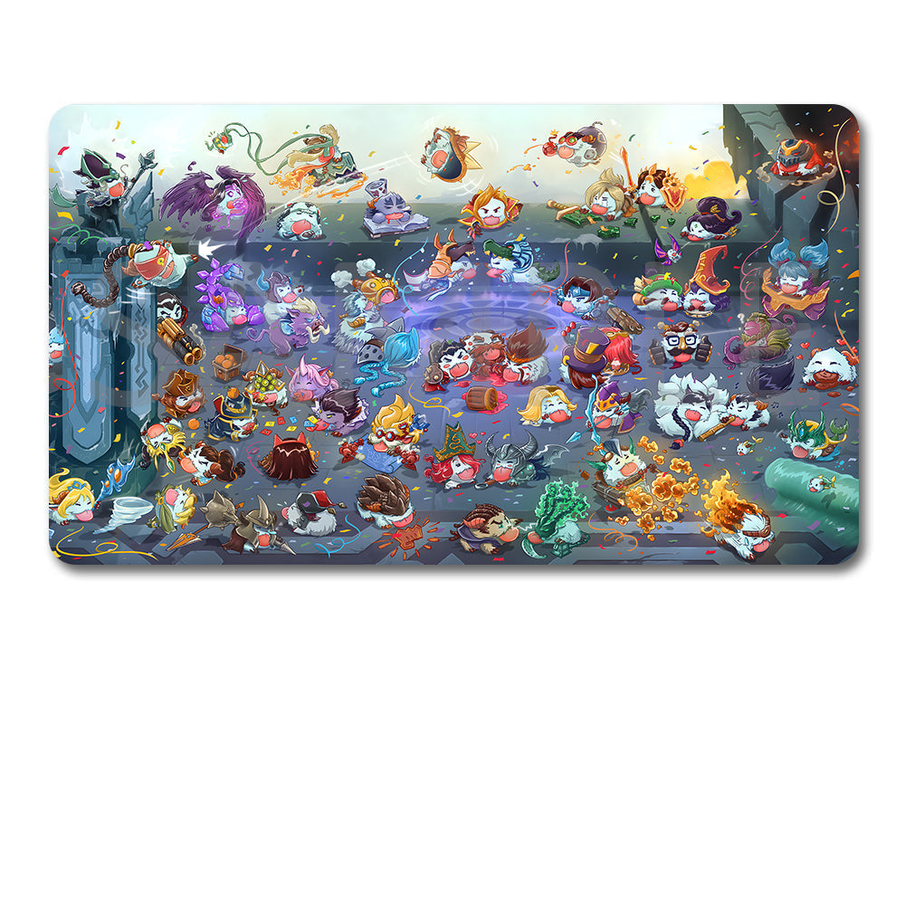 A rectangular gaming mouse pad with a highly detailed, colorful cartoon battle scene, shown alongside its black drawstring storage pouch on a plain white background.