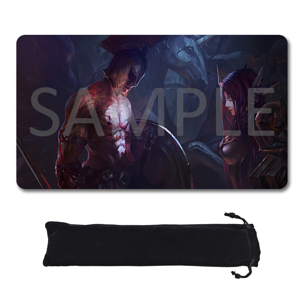 A rectangular gaming mouse pad with fantasy artwork showing a muscular warrior and a female elf, displayed above a black drawstring carrying case on a white background. A large translucent 'SAMPLE' watermark overlays the mouse pad artwork.