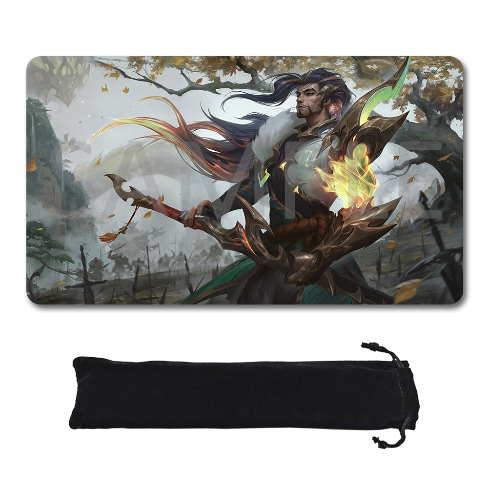 A rectangular gaming mouse pad with rounded corners featuring fantasy artwork of a warrior holding a glowing flaming axe, shown above a black drawstring storage pouch on a plain white background.