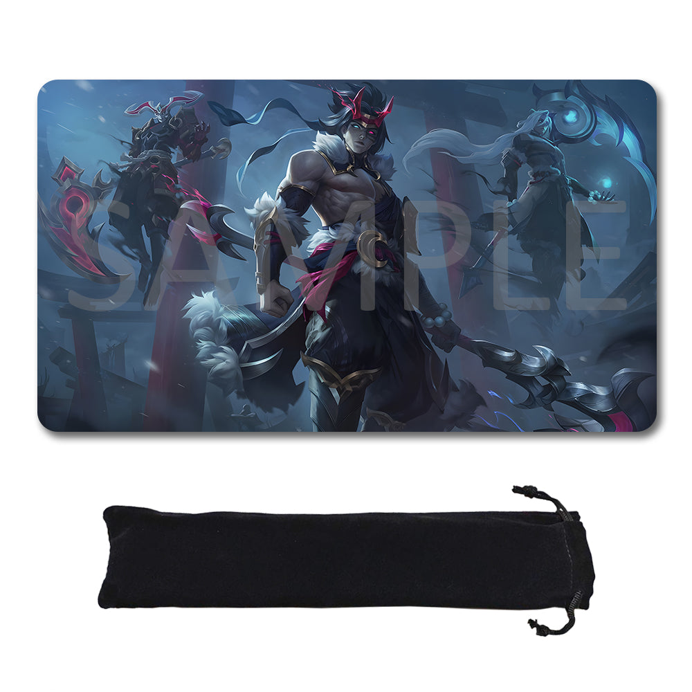A rectangular gaming mouse pad with rounded corners featuring a dark fantasy illustration of a horned warrior character, shown above a black drawstring storage pouch on a white background. A faint diagonal SAMPLE watermark overlays the mouse pad artwork.
