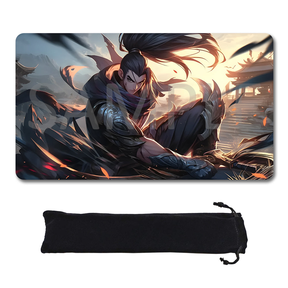 A rectangular gaming mouse pad with rounded corners featuring a detailed fantasy illustration of a warrior, shown above a matching black drawstring storage pouch on a plain white background.