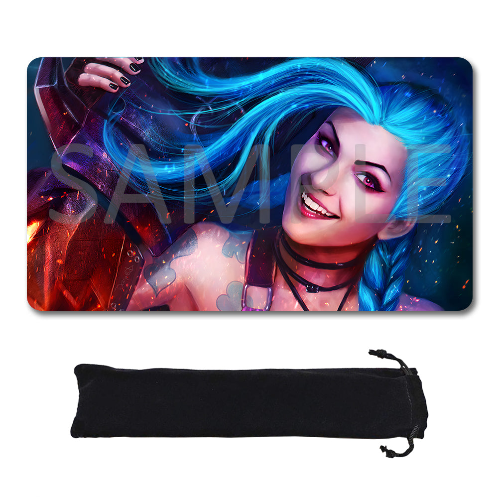A rectangular gaming mouse pad featuring a colorful fantasy illustration of a smiling woman with bright blue hair, shown above a black drawstring pouch on a white background. A large translucent SAMPLE watermark overlays the mouse pad artwork.