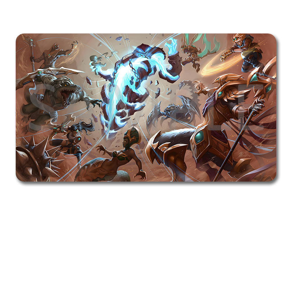 A rectangular gaming playmat with a detailed fantasy battle illustration, shown above a black drawstring storage pouch on a plain white background.