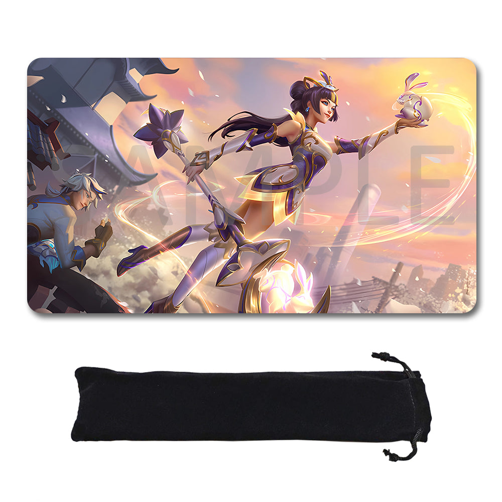 A rectangular gaming mouse pad featuring an anime-style illustration of a female warrior character with a rabbit, shown above a black drawstring storage pouch on a white background.