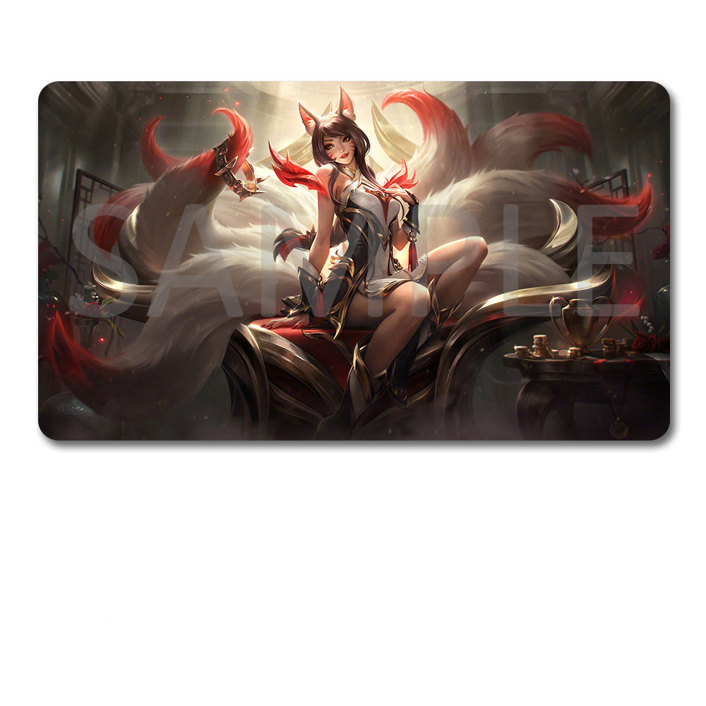A rectangular gaming mouse pad with rounded corners featuring a fantasy illustration of a fox-eared woman with red tails and a dark armored chair, shown above a black drawstring pouch on a white background.