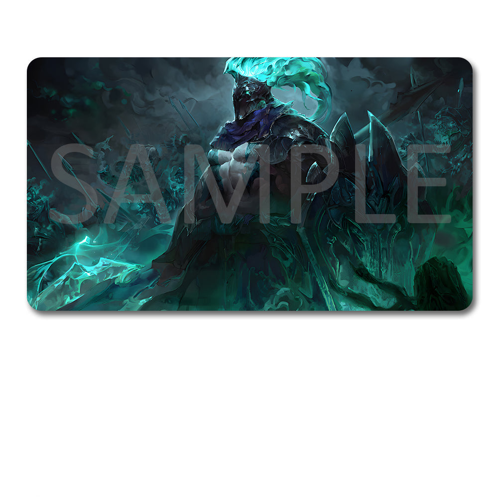 A rectangular gaming mouse pad with rounded corners featuring a dark fantasy illustration of a warrior surrounded by glowing teal energy, shown above a black drawstring storage pouch on a white background. A large translucent SAMPLE watermark overlays the mouse pad artwork.