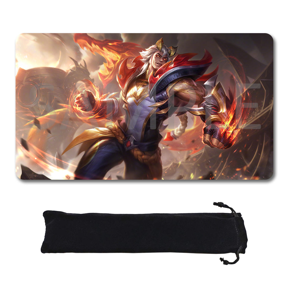 A rectangular gaming mouse pad with a detailed fantasy illustration of a warrior surrounded by flames, shown above a matching black drawstring storage pouch on a plain white background.