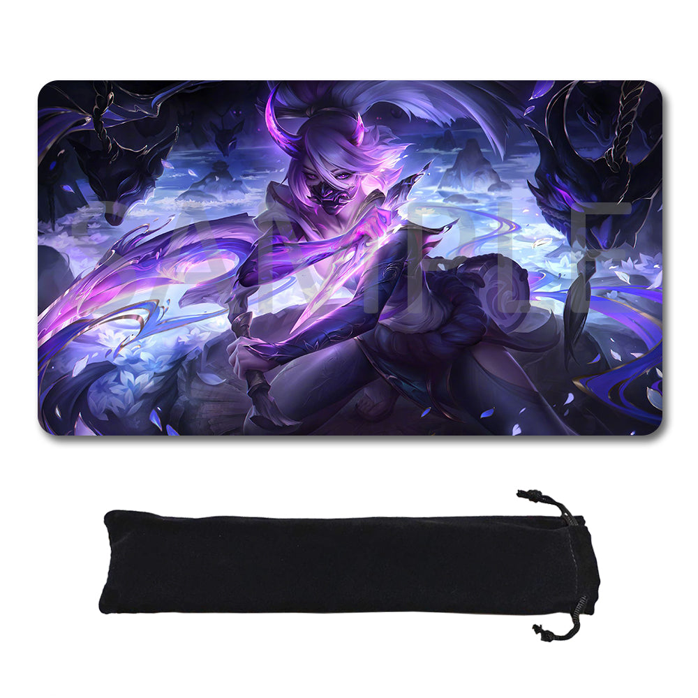 A rectangular gaming mouse pad with a detailed fantasy illustration featuring a purple-haired character surrounded by dark creatures, shown above a black drawstring storage pouch on a plain white background.