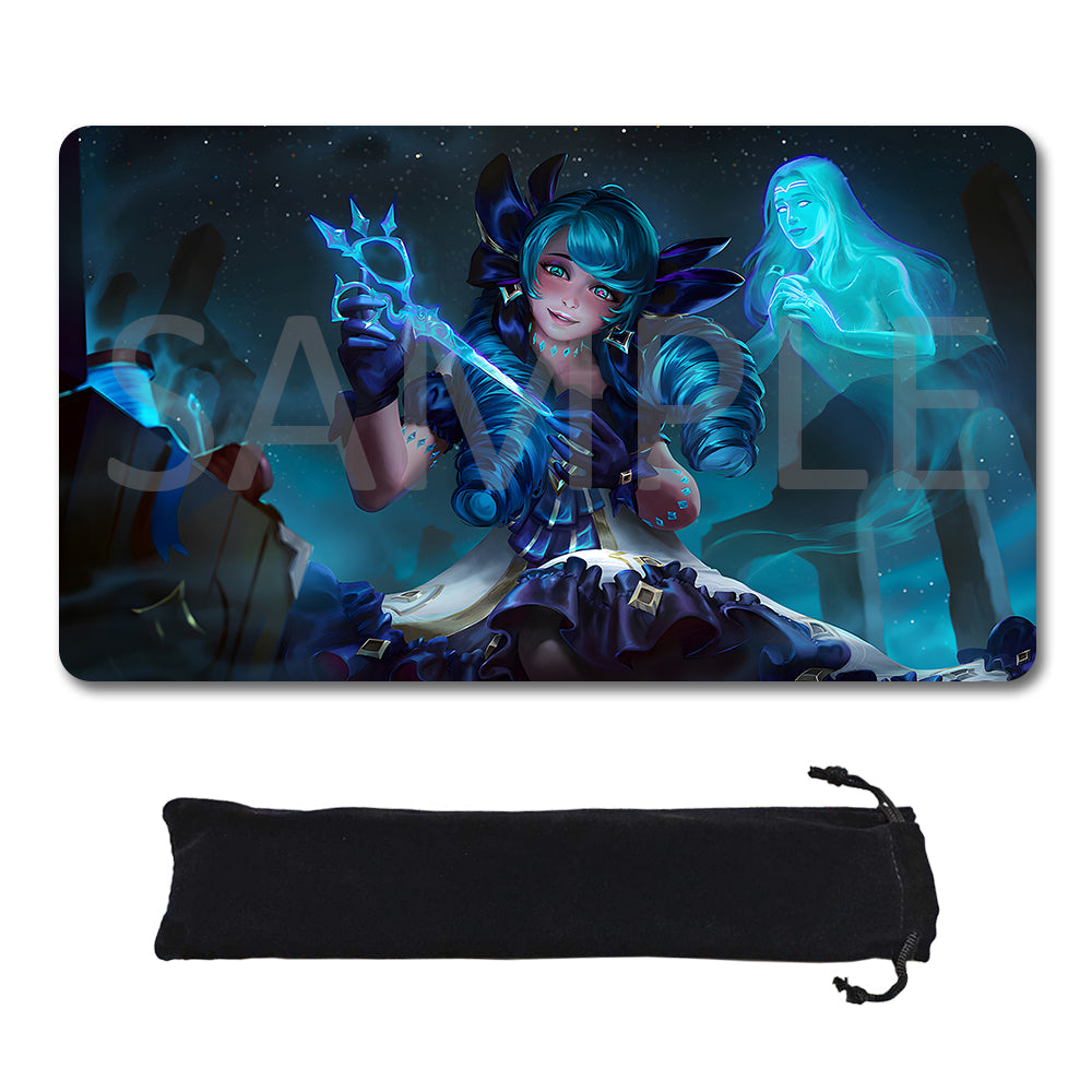 A rectangular gaming playmat with rounded corners featuring a fantasy illustration of a blue-haired female character in a dark outfit, shown above a black drawstring storage pouch on a white background. A translucent SAMPLE watermark overlays the playmat artwork.