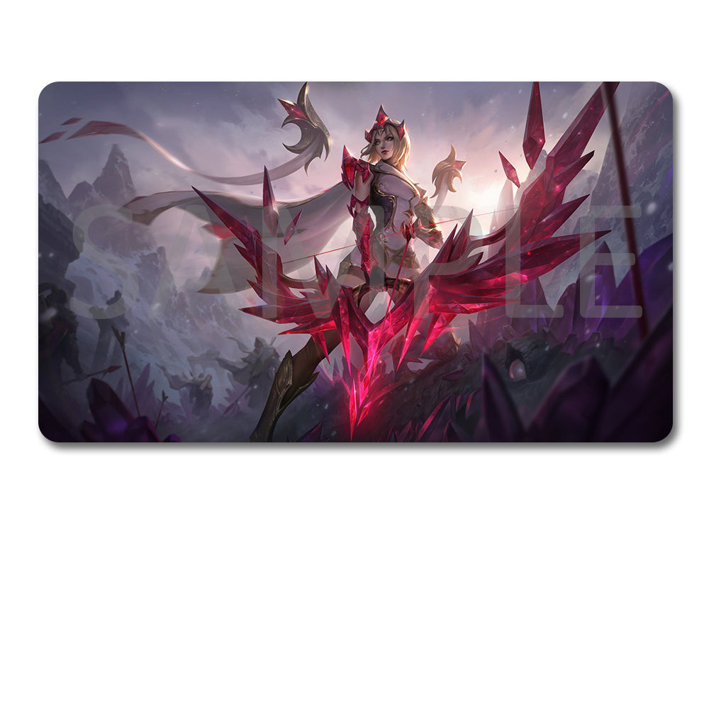 A rectangular gaming mouse pad with rounded corners featuring a fantasy illustration of a female warrior with red crystal wings, shown above a black drawstring storage pouch on a white background.