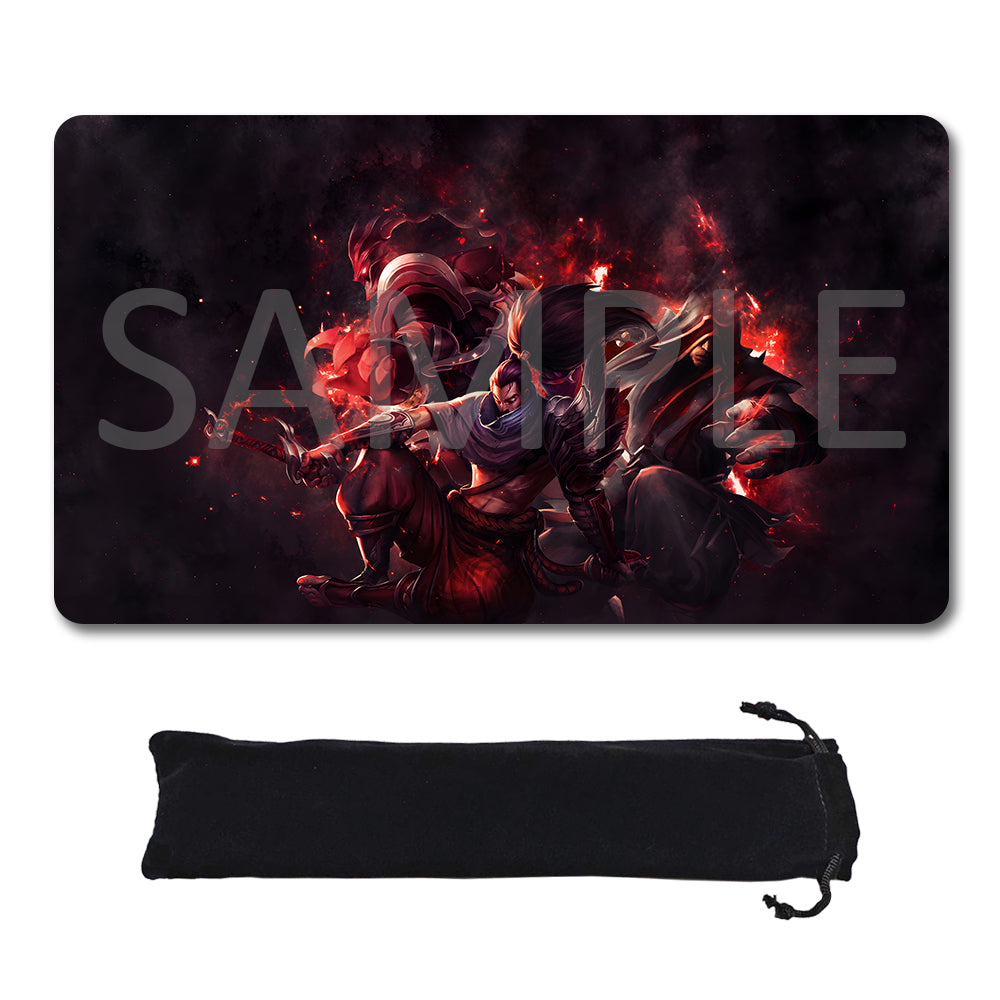 A rectangular gaming mouse pad with rounded corners featuring a dark fantasy illustration of a warrior and dragon in red, black, and purple tones, shown above a black drawstring storage pouch on a white background. A large translucent 'SAMPLE' watermark overlays the mouse pad artwork.