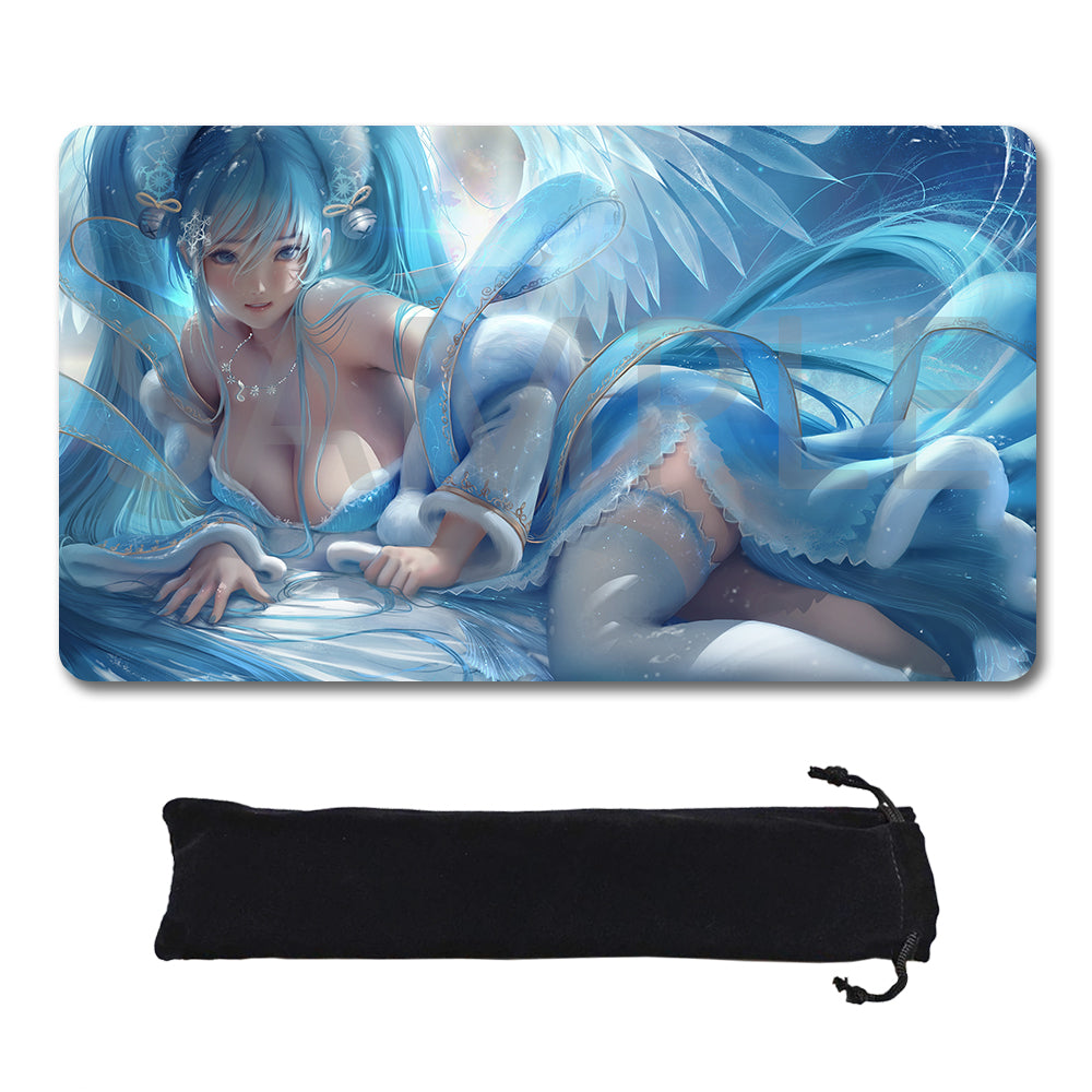 A rectangular gaming mouse pad featuring a detailed anime-style illustration of a blue-haired female character in a flowing icy blue outfit, shown above a black drawstring storage pouch on a plain white background.