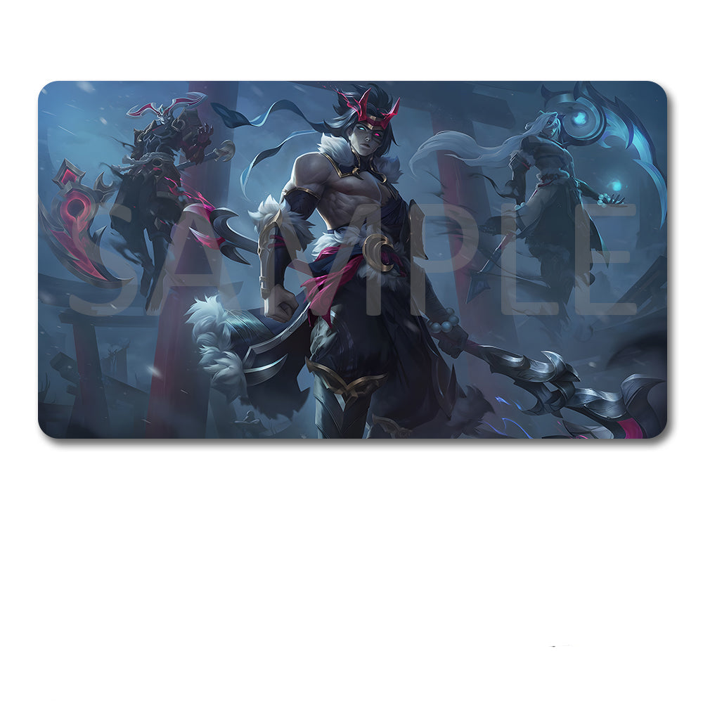 A rectangular gaming mouse pad with rounded corners featuring a dark fantasy illustration of a horned warrior character, shown above a black drawstring storage pouch on a white background. A faint diagonal SAMPLE watermark overlays the mouse pad artwork.