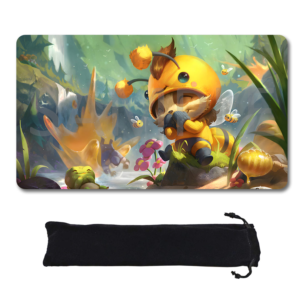 A rectangular gaming mouse pad with rounded corners featuring a colorful cartoon bee character in a lush green and yellow fantasy forest, shown above a black drawstring storage pouch on a white background.