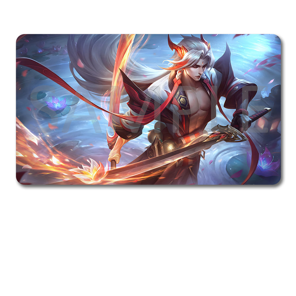 A rectangular gaming mouse pad with rounded corners featuring a colorful fantasy illustration of a warrior with a sword, shown above a black drawstring storage pouch on a plain white background.