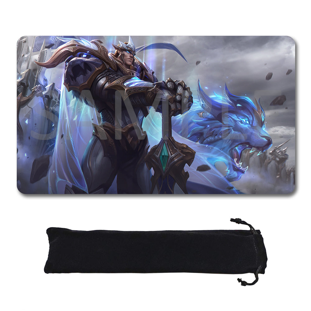 A rectangular gaming mouse pad with rounded corners featuring fantasy artwork of a armored warrior and a glowing blue wolf, shown above a black drawstring storage pouch on a white background.