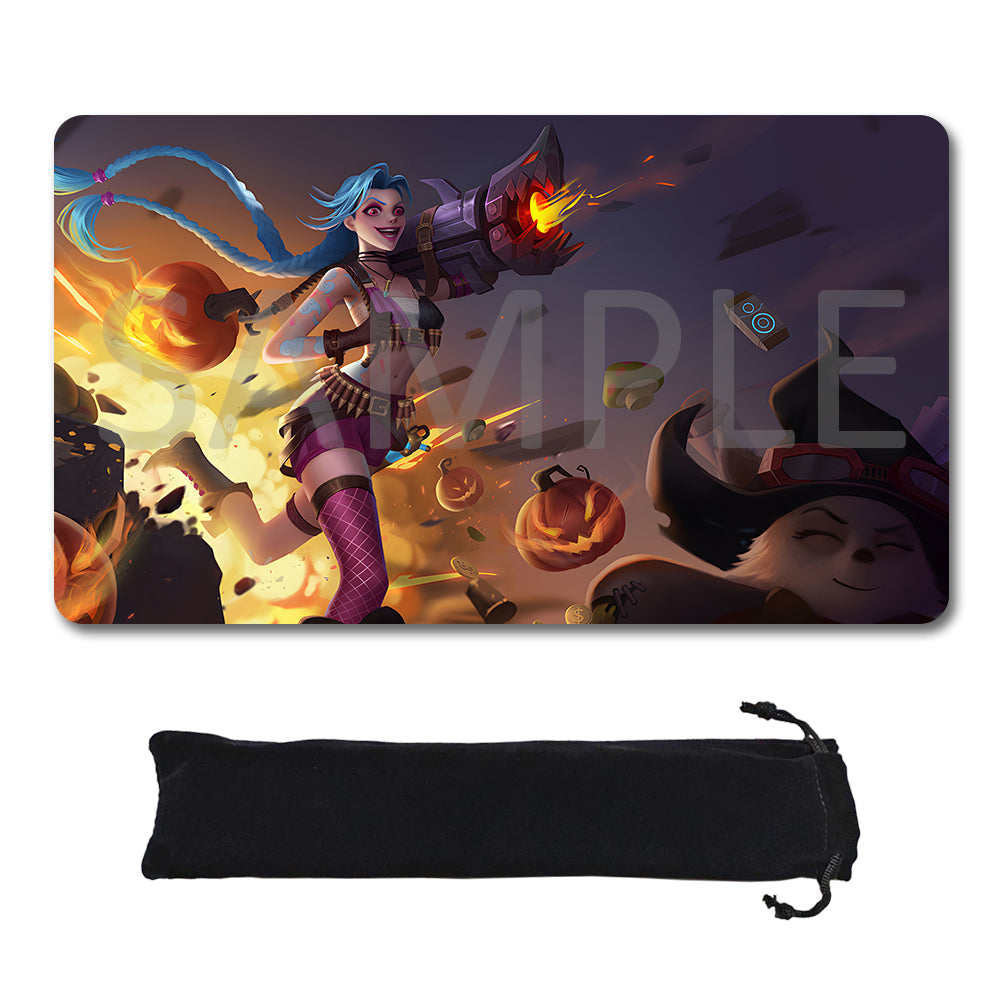 A rectangular gaming mouse pad with a Halloween-themed illustration of a blue-haired female character firing a pumpkin cannon, shown above a black drawstring storage pouch on a white background.