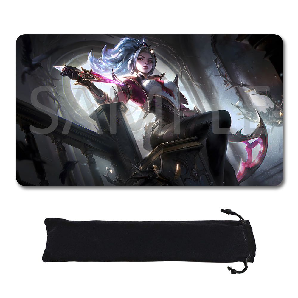A rectangular gaming mouse pad with rounded corners featuring a fantasy illustration of a female warrior with blue hair and a glowing pink blade, shown above a black drawstring storage pouch on a white background.