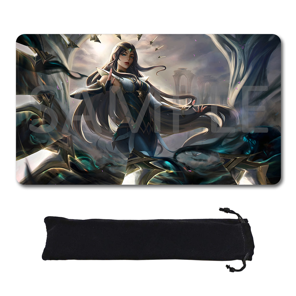 A rectangular gaming mouse pad with rounded corners featuring a fantasy illustration of a female warrior surrounded by dark teal and gray creatures, shown above a black drawstring storage pouch on a white background. A translucent diagonal SAMPLE watermark overlays the mouse pad artwork.