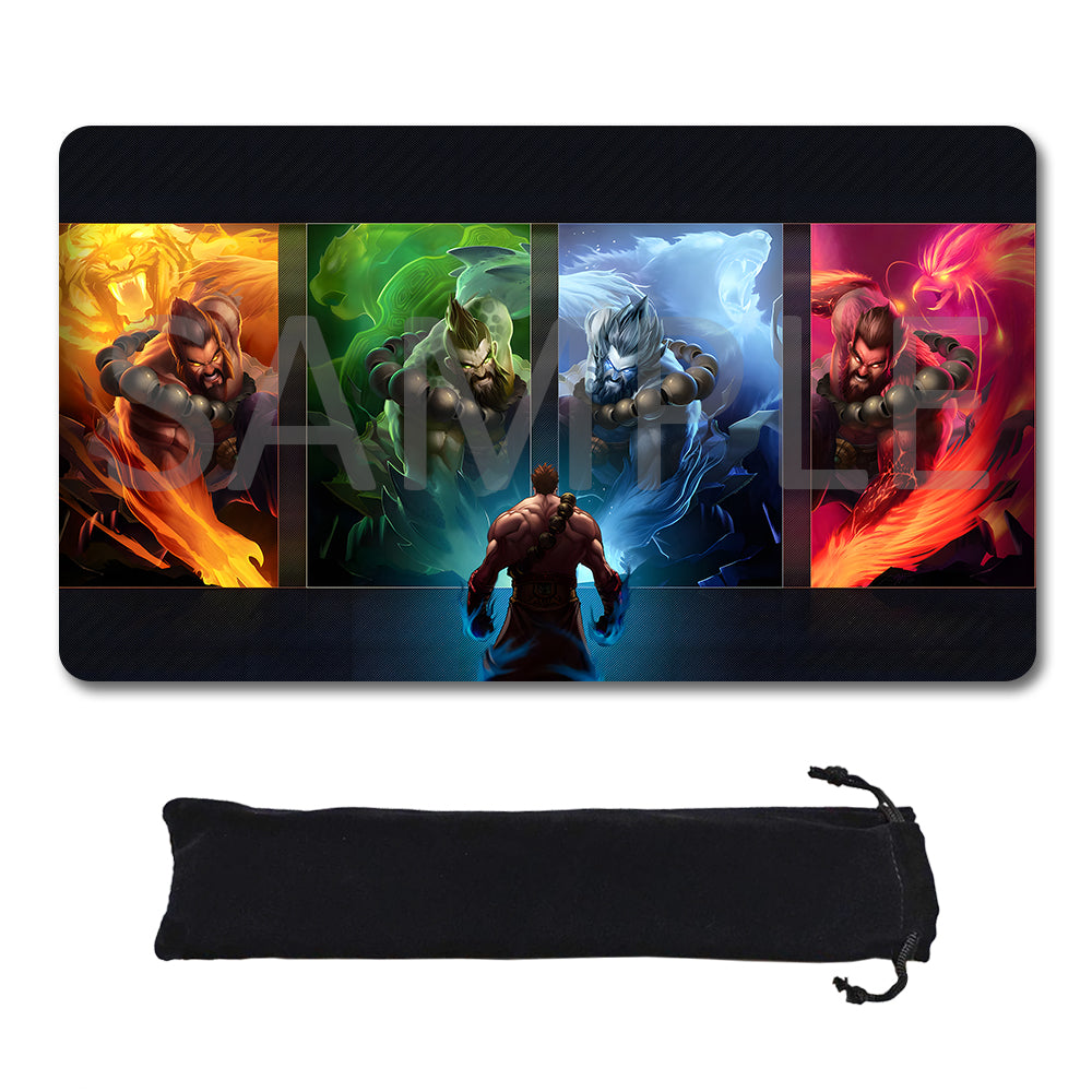 A rectangular black gaming playmat with four colorful fantasy character panels and a small black drawstring storage pouch below it, shown on a plain white background.