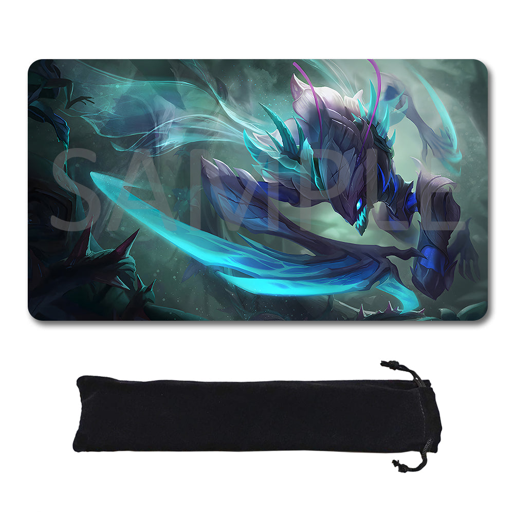 A rectangular gaming mouse pad with rounded corners featuring a fantasy dragon illustration in glowing blue, teal, and purple tones, shown above a black drawstring storage pouch on a white background. A large translucent SAMPLE watermark overlays the mouse pad artwork.