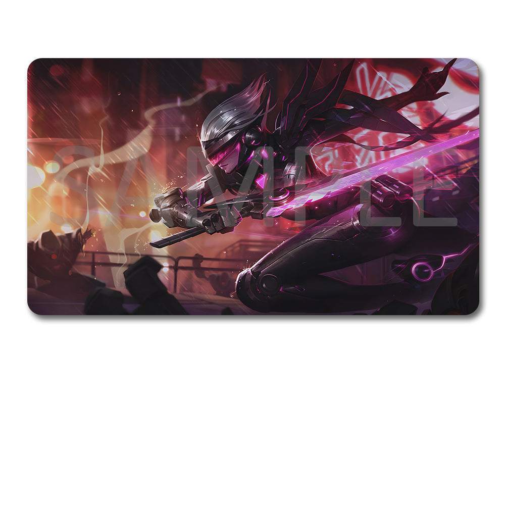 A rectangular gaming mouse pad with rounded corners featuring a dark sci-fi character wielding a glowing pink sword, shown above a black drawstring storage pouch on a plain white background.