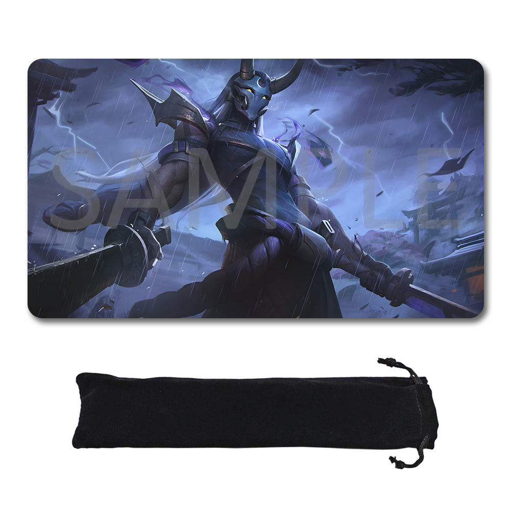 A rectangular gaming playmat featuring a dark fantasy illustration of a horned armored warrior in rain, shown with a black drawstring pouch below on a white background. A translucent SAMPLE watermark overlays the playmat artwork.