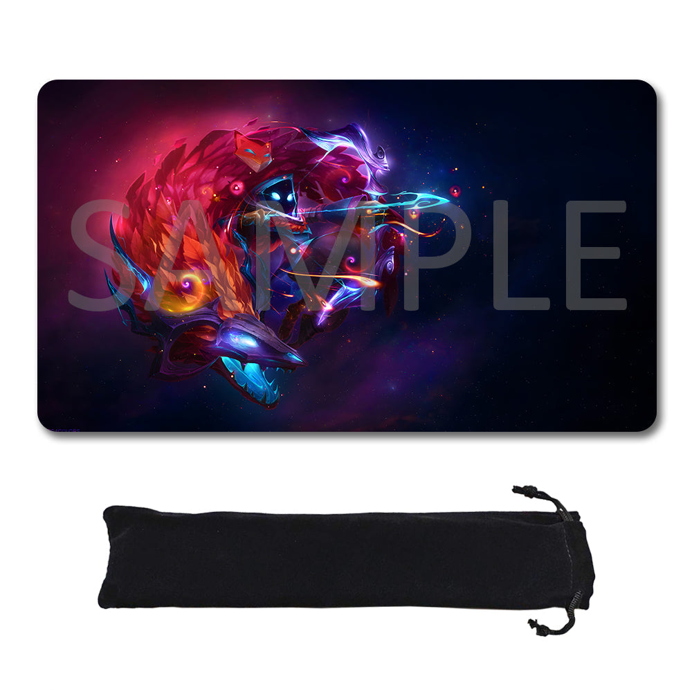 A rectangular gaming mouse pad with a colorful fantasy creature illustration, shown above a black drawstring storage pouch on a white background. A large translucent 'SAMPLE' watermark overlays the mouse pad artwork.