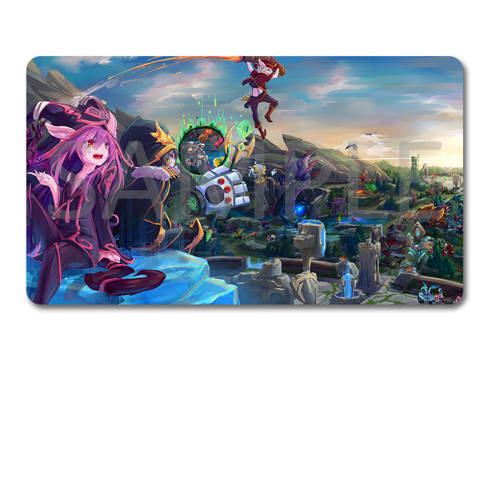 A rectangular gaming mouse pad with rounded corners featuring a colorful anime-style battle scene, shown above a black drawstring storage pouch on a plain white background.