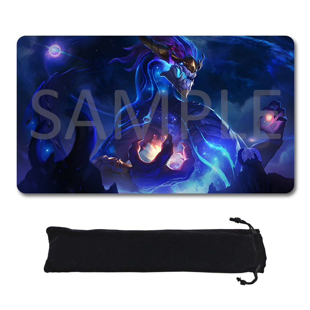 A rectangular gaming playmat with rounded corners featuring a dark fantasy illustration of a blue-purple dragon-like creature, shown above a black drawstring storage pouch on a white background. A large translucent SAMPLE watermark overlays the playmat artwork.