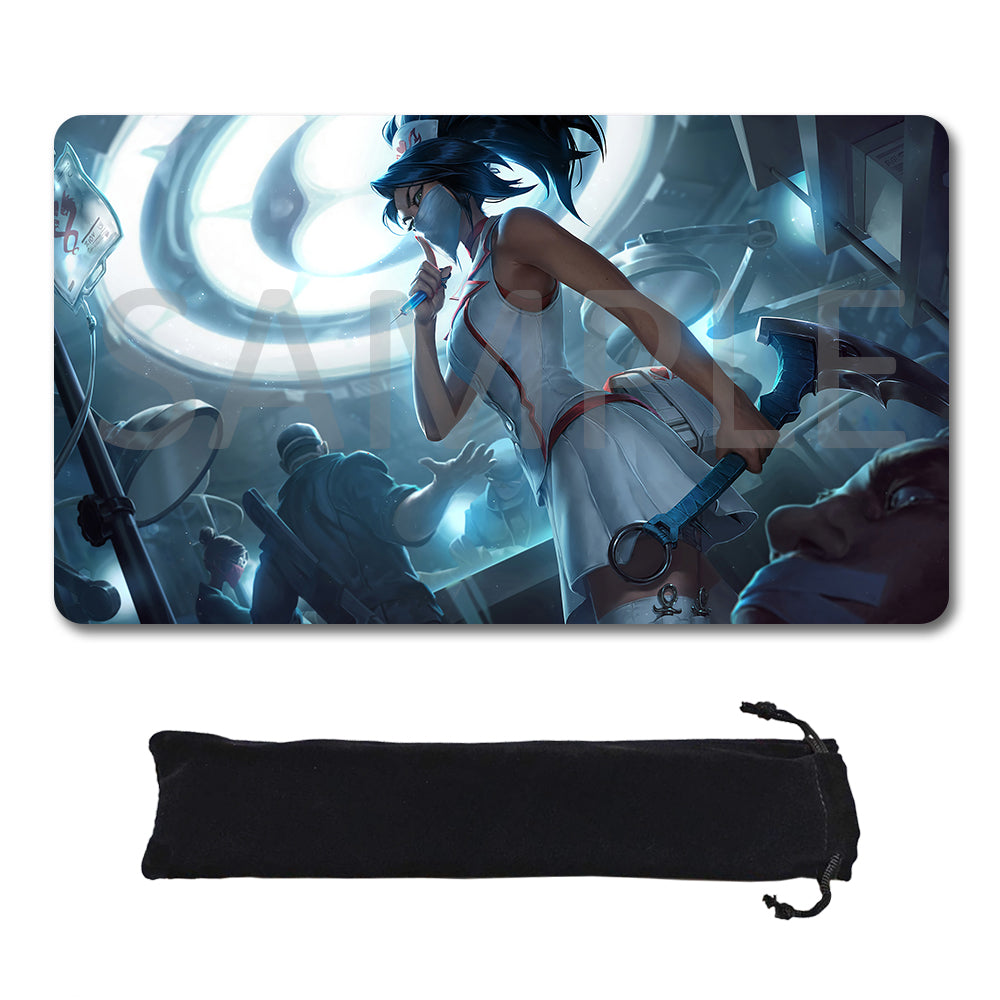 A rectangular gaming playmat featuring a detailed anime-style illustration of a female character in a white dress with blue hair, shown above a black drawstring storage pouch on a plain white background.