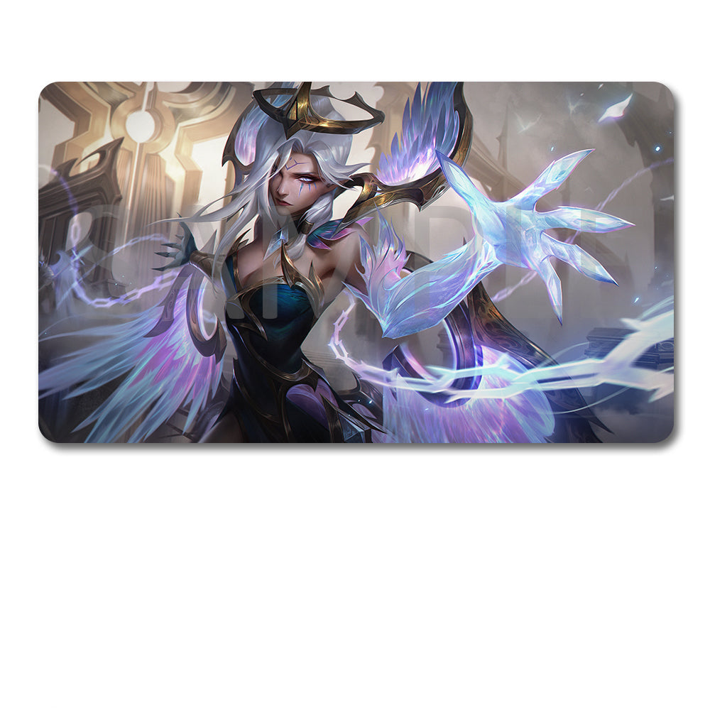 A rectangular gaming mouse pad featuring an illustrated fantasy character with glowing blue and purple energy effects, shown above a black drawstring storage pouch on a plain white background.