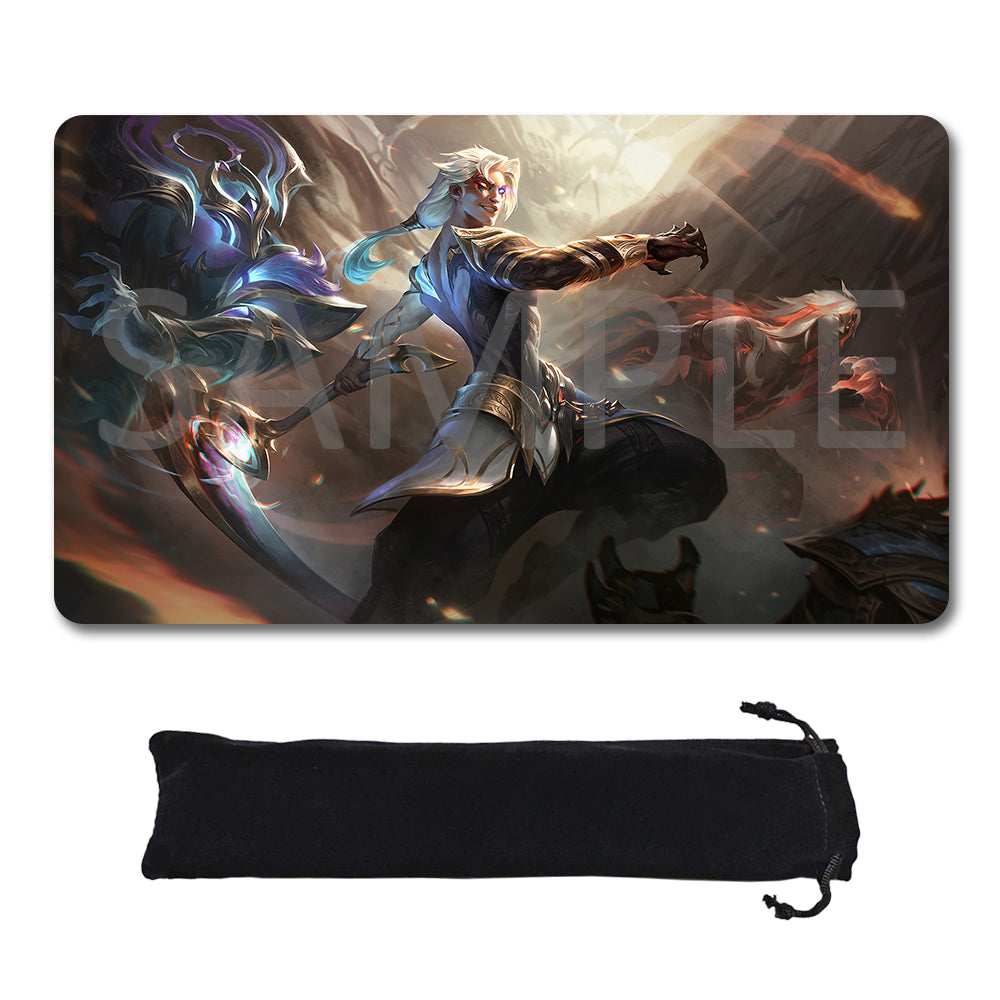 A rectangular gaming mouse pad with rounded corners featuring a fantasy illustration of a white-haired warrior and a blue dragon, shown above a black drawstring storage pouch on a white background. A faint diagonal SAMPLE watermark overlays the artwork.