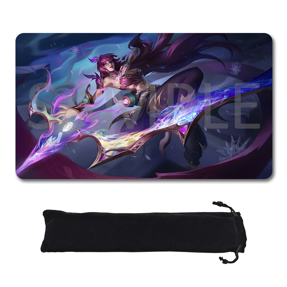A rectangular gaming mouse pad with rounded corners featuring a fantasy illustration of a purple-haired warrior wielding a glowing sword, shown above a black drawstring storage pouch on a white background.