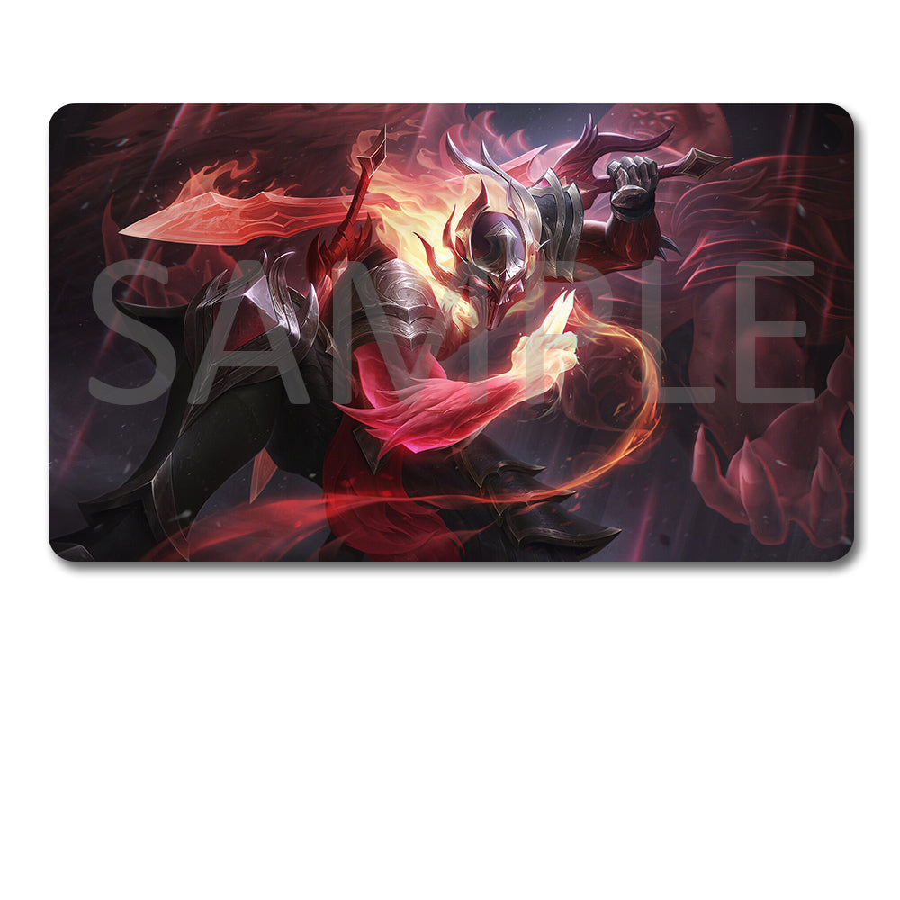 A rectangular gaming mouse pad with rounded corners featuring a dark fantasy illustration of a warrior surrounded by red and orange energy, shown above a black drawstring storage pouch on a white background. A large translucent SAMPLE watermark overlays the mouse pad artwork.