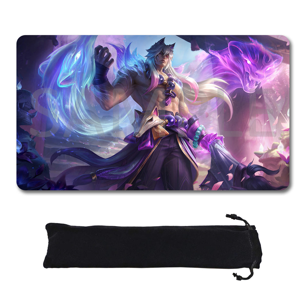 A rectangular gaming mouse pad featuring a colorful fantasy illustration of a warrior character with purple and blue energy effects, shown above a black drawstring storage pouch on a plain white background.