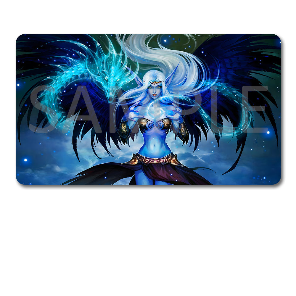 A rectangular gaming mouse pad with a fantasy illustration of a blue-skinned female warrior with glowing cyan wings and black feathers, shown above a black drawstring storage pouch on a white background. A translucent 'SAMPLE' watermark overlays the artwork.