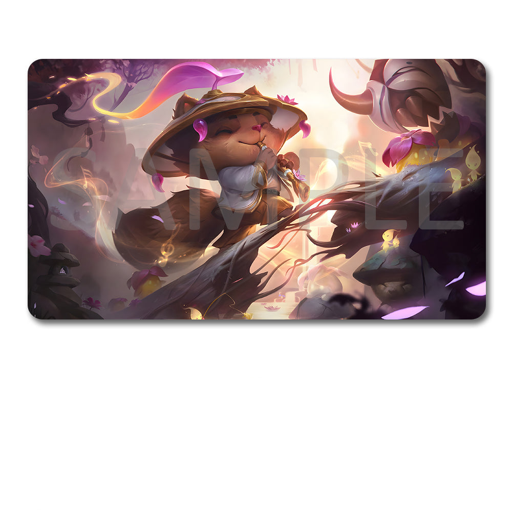 A rectangular gaming mouse pad with fantasy artwork of a fox-like character on a branch, shown above a black drawstring storage pouch on a white background.
