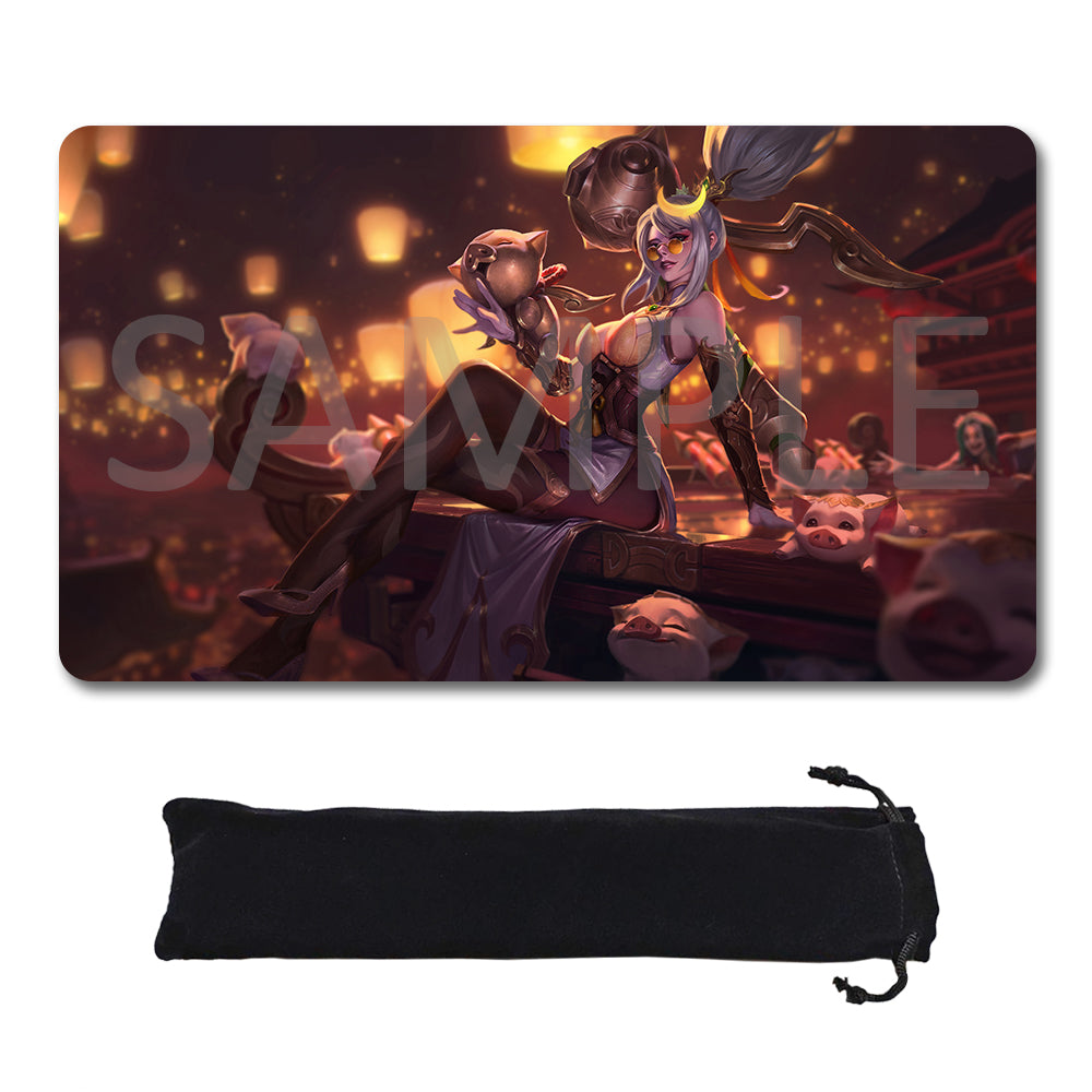 A rectangular gaming mouse pad with rounded corners featuring an illustrated fantasy scene of a pale-skinned female warrior with a cat, shown above a black drawstring storage pouch on a white background. The mouse pad has a large translucent 'SAMPLE' watermark across the artwork.