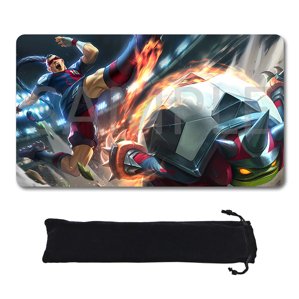A rectangular gaming mouse pad with a dynamic fantasy sports illustration, shown above a black drawstring storage pouch on a plain white background.