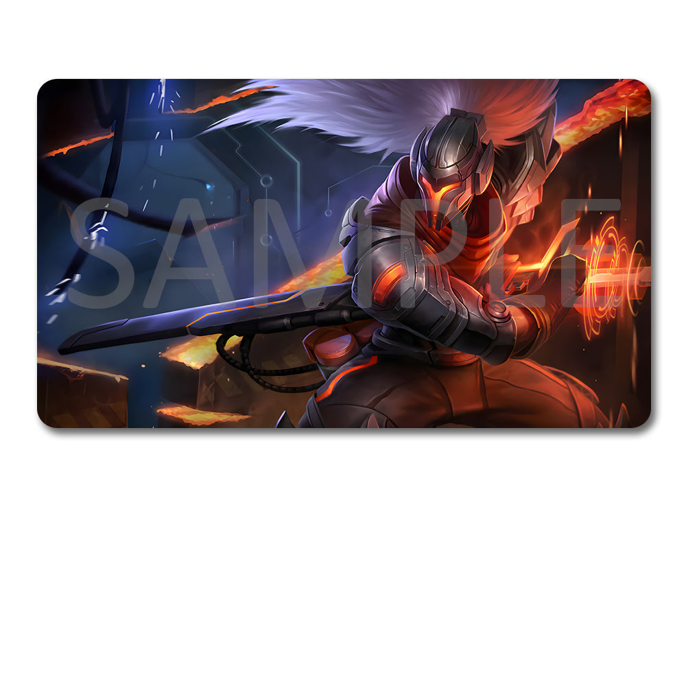 A rectangular gaming mouse pad with rounded corners featuring a dark fantasy illustration of a winged armored warrior with glowing orange energy effects, shown above a black drawstring storage pouch on a white background.