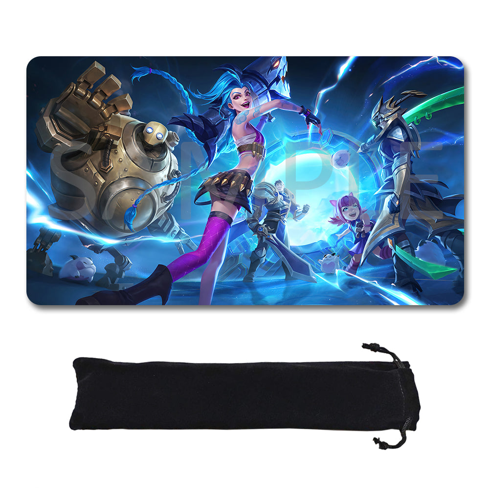A rectangular gaming mouse pad with rounded corners featuring a colorful fantasy illustration of multiple characters and blue lightning effects, shown above a black drawstring storage pouch on a plain white background.