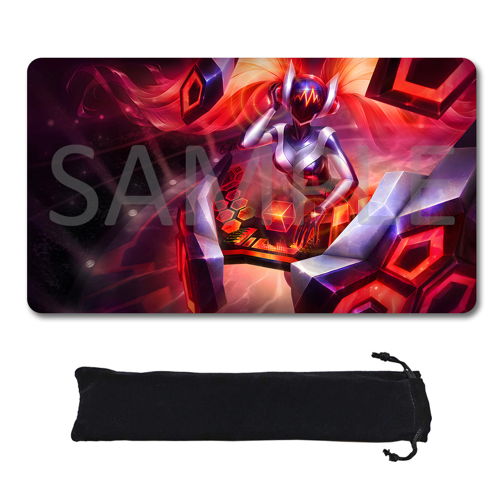 A rectangular gaming mouse pad with a colorful fantasy illustration of a female character in a futuristic setting, shown above a black drawstring storage pouch on a white background. A translucent 'SAMPLE' watermark is overlaid across the mouse pad artwork.