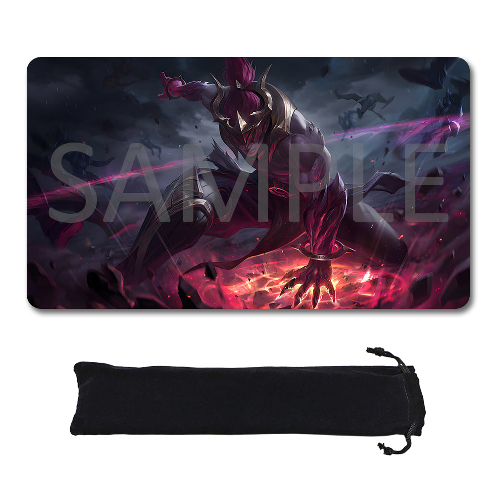 A rectangular gaming mouse pad with rounded corners featuring a dark fantasy illustration of a horned character in black and red tones, shown above a black drawstring storage pouch on a white background. A large translucent SAMPLE watermark overlays the mouse pad artwork.