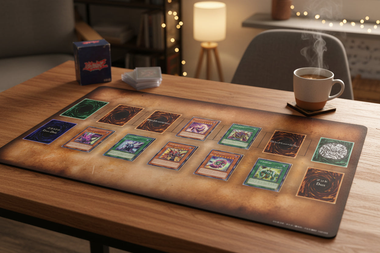 Collection of trading cards arranged in a grid on a textured surface