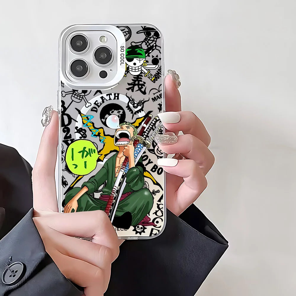 Anime One Piece Luffys Zoros Magnetic Case for iPhone 12 13 14 15 16 17 Air Pro Max Plus Soft Silver Plated Anti Fall Cover
