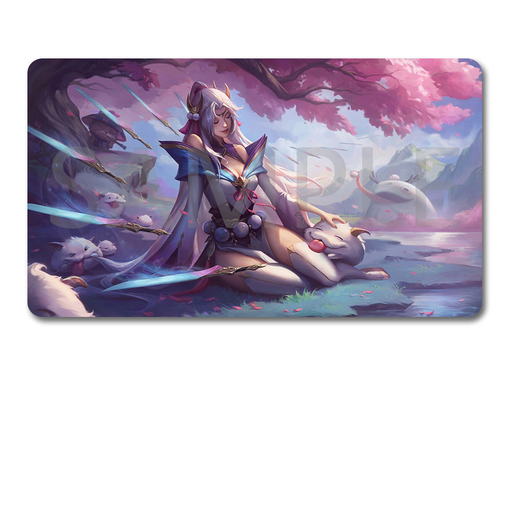 A rectangular gaming mouse pad with rounded corners featuring a fantasy illustration of a female warrior with a white creature, shown above a black drawstring storage pouch on a white background.