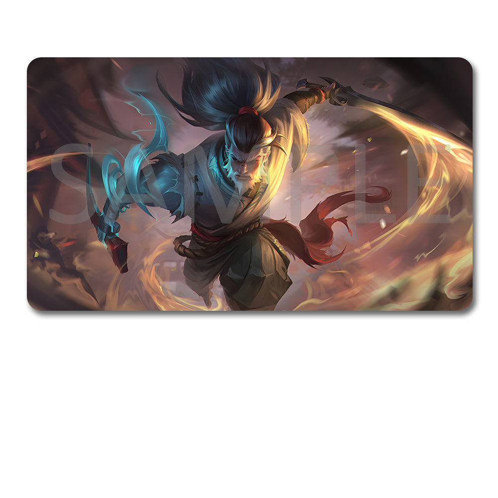 A rectangular gaming mouse pad featuring a dynamic fantasy illustration of a warrior with blue and orange energy effects, shown above a black drawstring storage pouch on a plain white background.