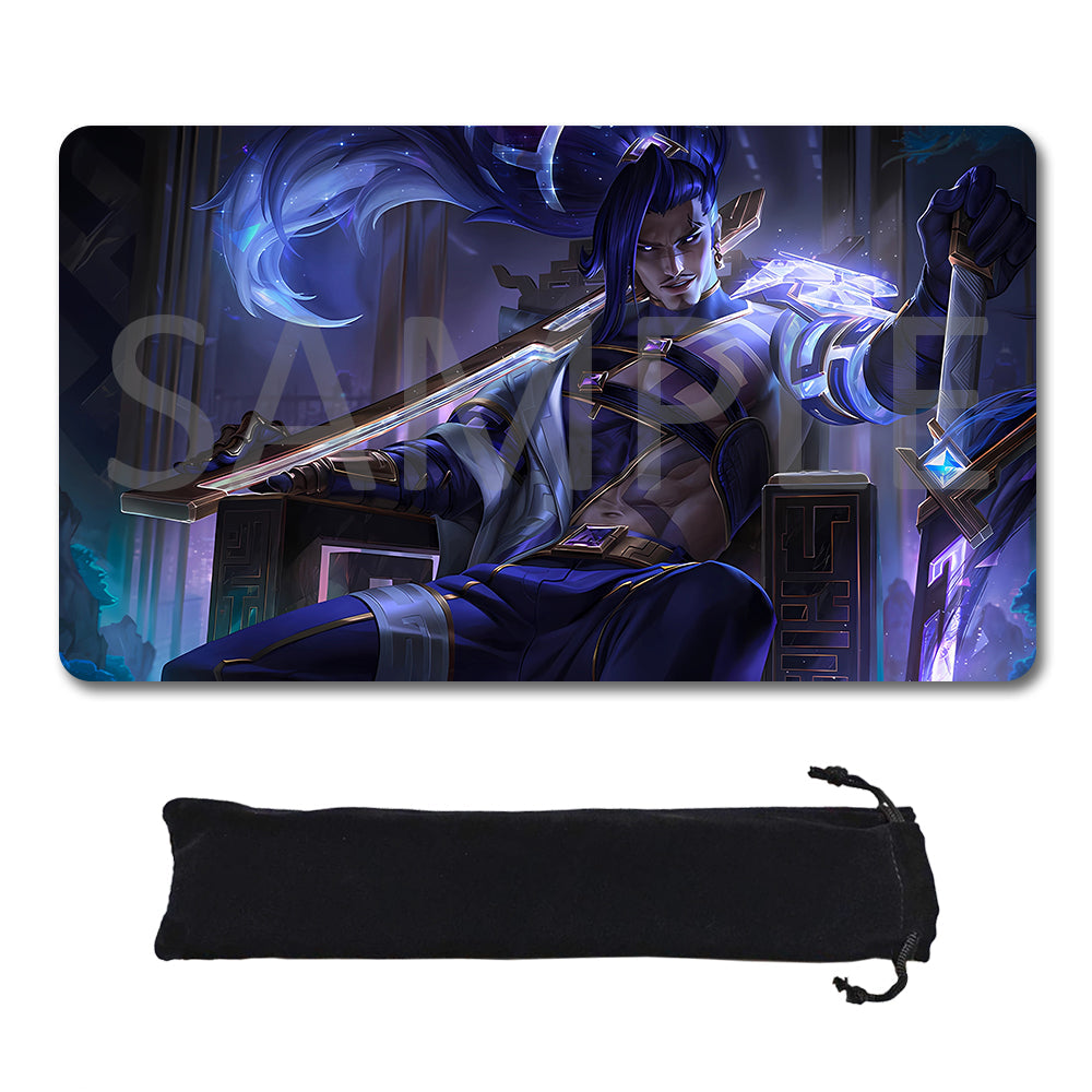 A rectangular gaming mouse pad featuring an illustrated fantasy character in dark blue and purple tones, shown above a black drawstring storage case on a plain white background. A faint SAMPLE watermark overlays the printed artwork.