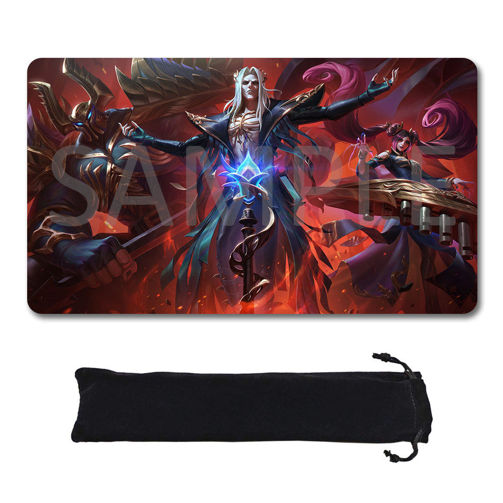A rectangular gaming mouse pad with rounded corners featuring a fantasy illustration of a dark, dramatic scene with fiery red and orange tones, a glowing blue central figure, and a black drawstring storage pouch shown below on a white background.